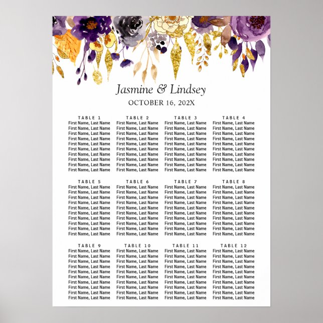 Purple Gold Floral Wedding Seating Chart Poster (Front)