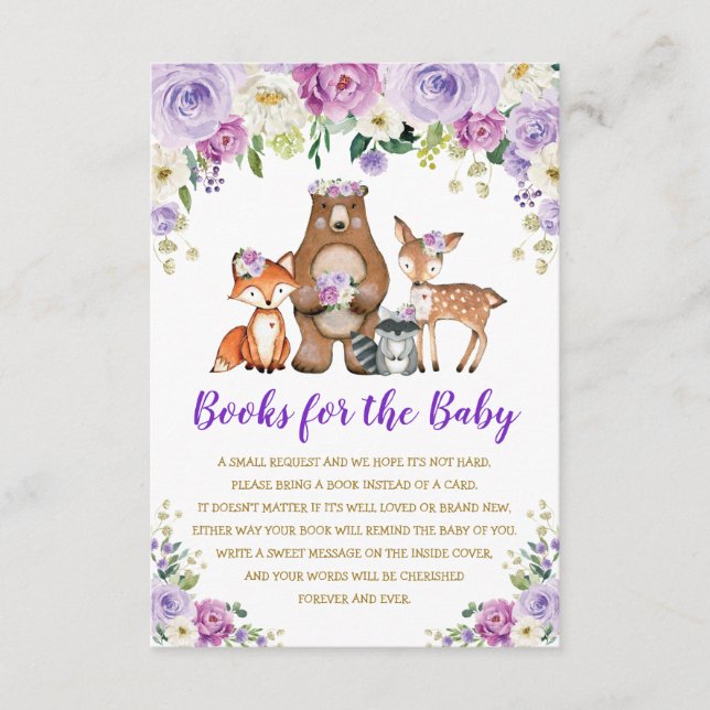 Purple Gold Floral Woodland Animals Books for Baby Enclosure Card (Front)