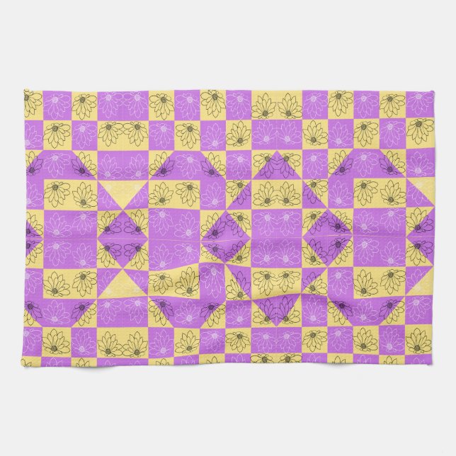 Purple gold Flower seamless Checkerboard pattern Kitchen Towel (Horizontal)