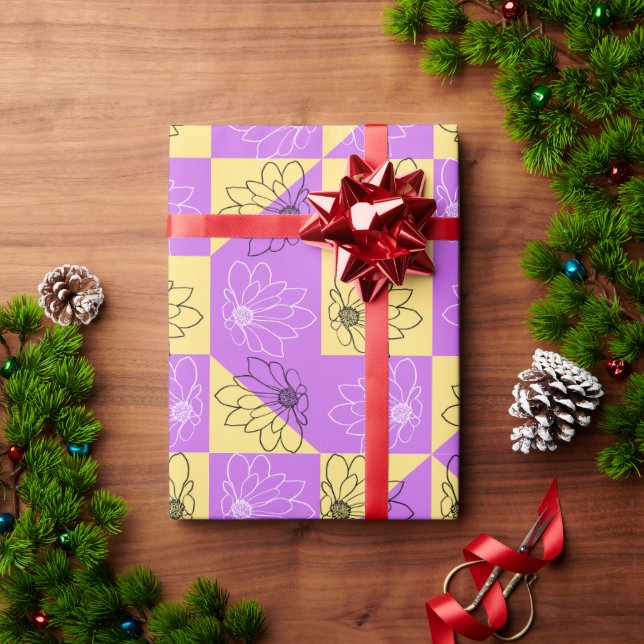 Purple gold Flower seamless Checkerboard pattern Wrapping Paper (Holiday Gift)