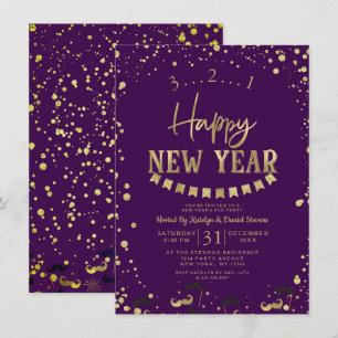 Purple & Gold Foil Confetti New Year's Eve Party Invitation