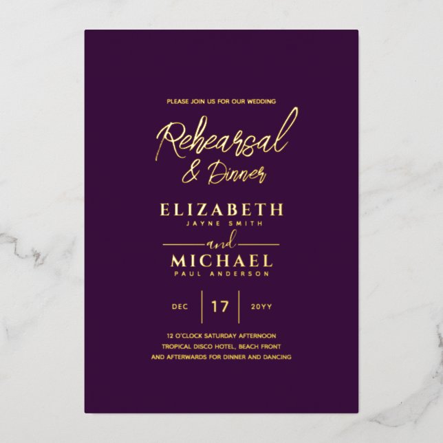 Purple Gold Foil Wedding Rehearsal and Dinner (Front)