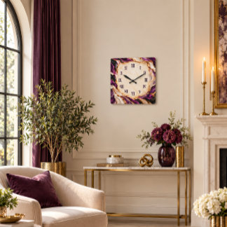Purple Gold Geode Marble Art Roman Numeral Luxury Square Wall Clock