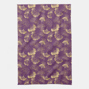 Purple Gold Ginkgo Art Deco Leaf Pattern Kitchen Towel