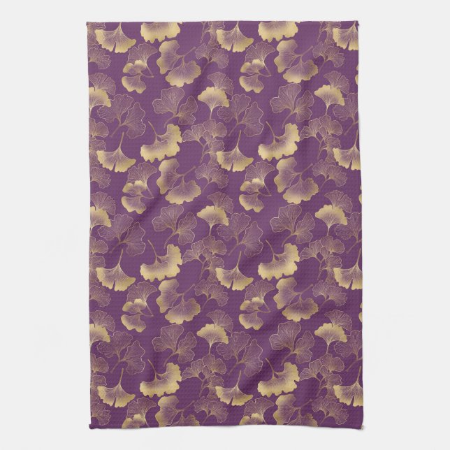 Purple Gold Ginkgo Art Deco Leaf Pattern Kitchen Towel (Vertical)