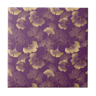 Purple Gold Ginkgo Art Deco Leaf Pattern Tile