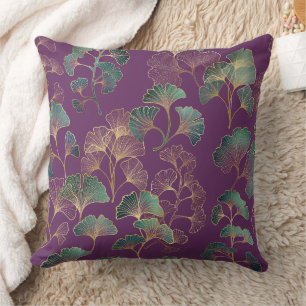 Purple Gold Ginkgo Japanese Botanical Pattern Throw Pillow