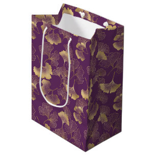 Purple Gold Ginkgo Leaves Elegant Botanical Medium Gift Bag