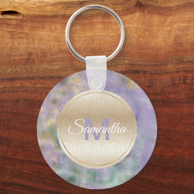 Purple Gold Glam Teal Abstract Monogram Keychain (Front)