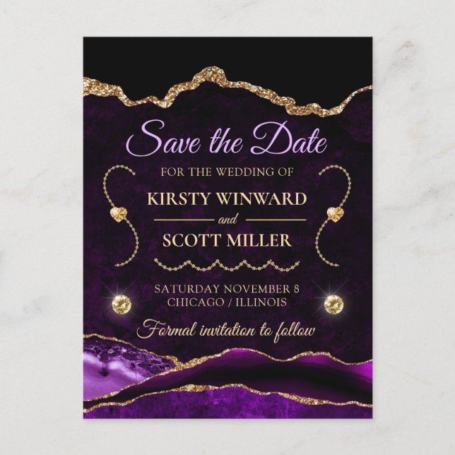 Purple Gold Glitter Agate and marble Save the Date Postcard (Front)