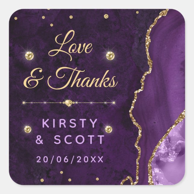 Purple & Gold Glitter Agate and marble Wedding Square Sticker (Front)