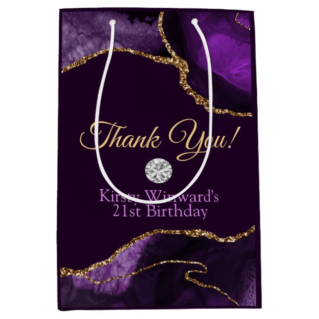 Purple Gold Glitter Agate Birthday Thank You Medium Gift Bag (Front)