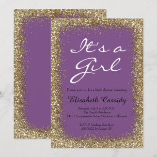 Purple & Gold Glitter  Baby Girl Shower Invitation