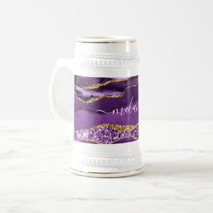 Purple Gold Glitter Beer Stein with Custom Name