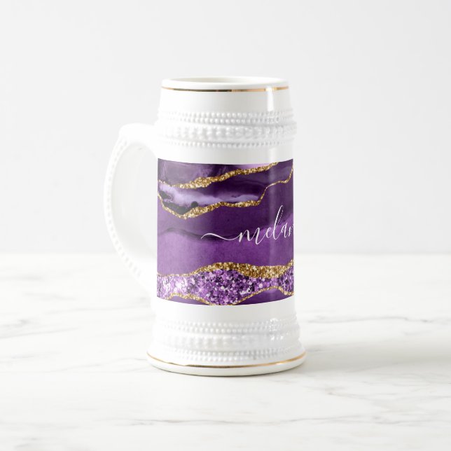 Purple Gold Glitter Beer Stein with Custom Name (Front Left)