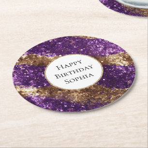 Purple Gold Glitter Birthday Round Paper Coaster