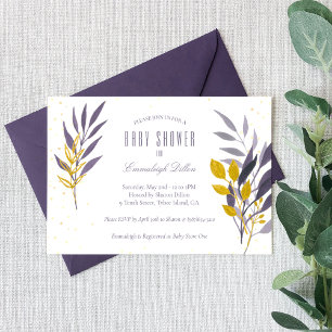 Purple Gold Glitter Botanical Baby Shower Invitation