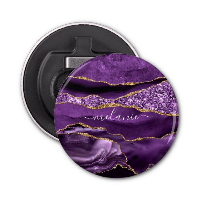 Purple Gold Glitter Bottle Opener with Custom Name (Front)
