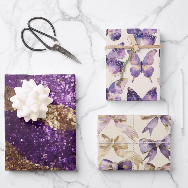 Purple Gold Glitter Butterflies Bows Birthday Wrapping Paper Sheet (Front)