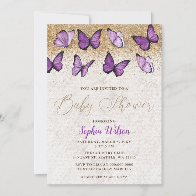 Purple Gold Glitter Butterfly Baby Shower Invitation (Front)
