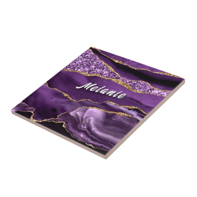  Purple Gold Glitter Ceramic Tile Gift Custom Name (Side)