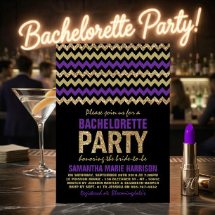 Purple & Gold Glitter Chevron Bachelorette Party Invitation