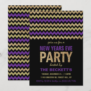 Purple & Gold Glitter Chevron New Years Party Invitation