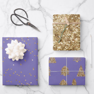 Purple Gold Glitter Christmas Trees Wrapping Paper Sheet