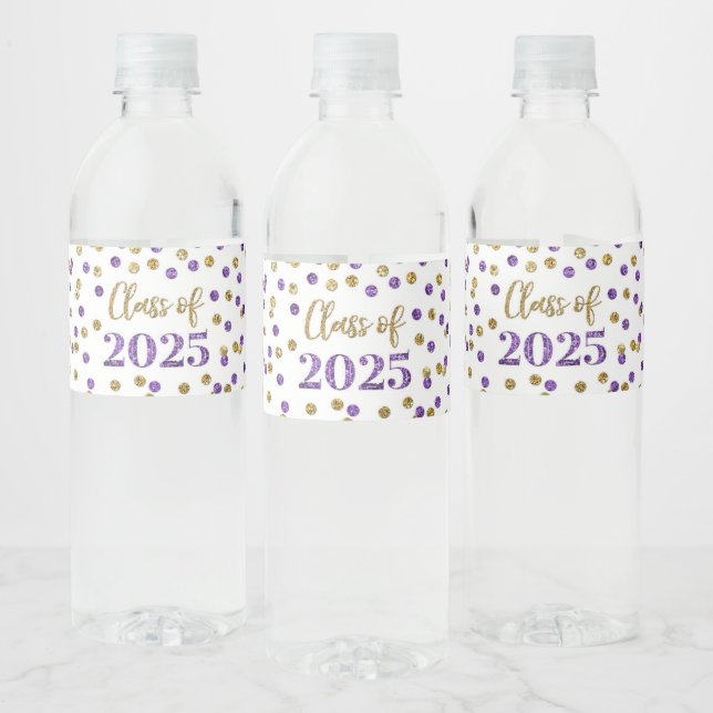 Purple Gold Glitter Class of 2025 Graduation Water Bottle Label (Bottles)