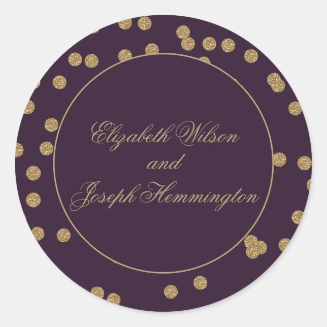 Purple Gold Glitter Confetti Elegant Wedding Classic Round Sticker (Front)