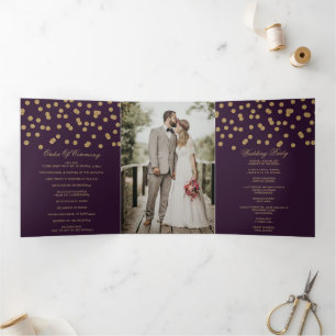 Purple Gold Glitter Confetti Photo Wedding Tri-Fold Programme