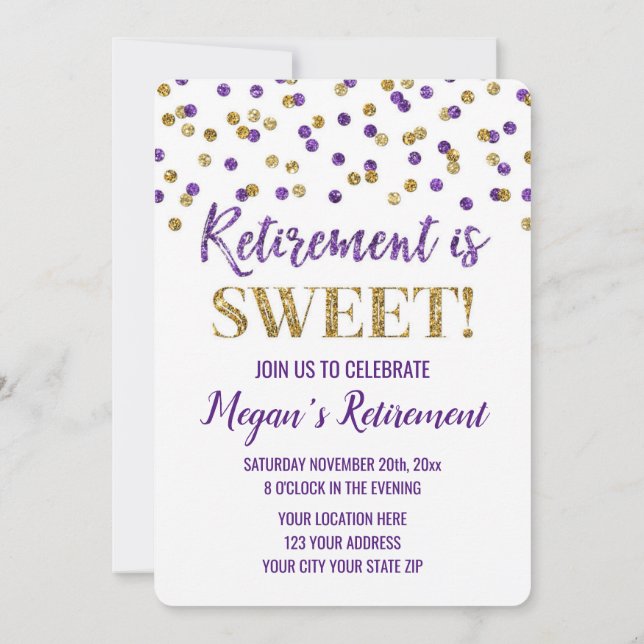 Purple Gold Glitter Confetti Retirement Party Invitation (Back)
