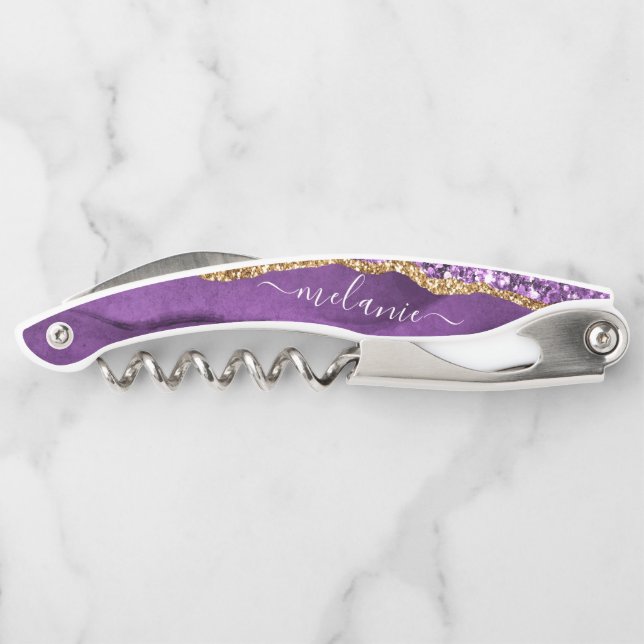 Purple Gold Glitter Corkscrew with Custom Name (Back)