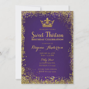 Purple & Gold Glitter Crown Sweet 13 Party  Invitation