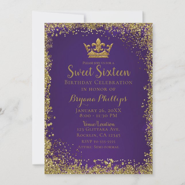 Purple & Gold Glitter Crown Sweet 16 Party Invitation (Front)