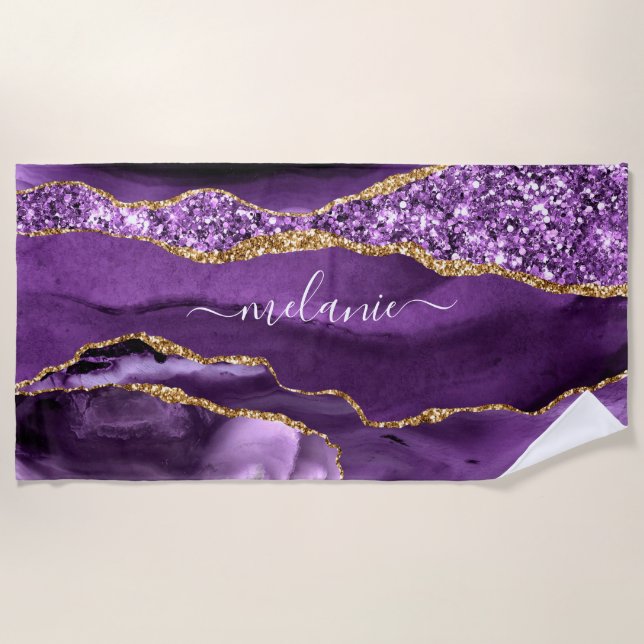 Purple Gold Glitter Custom Name Beach Towel (Front)