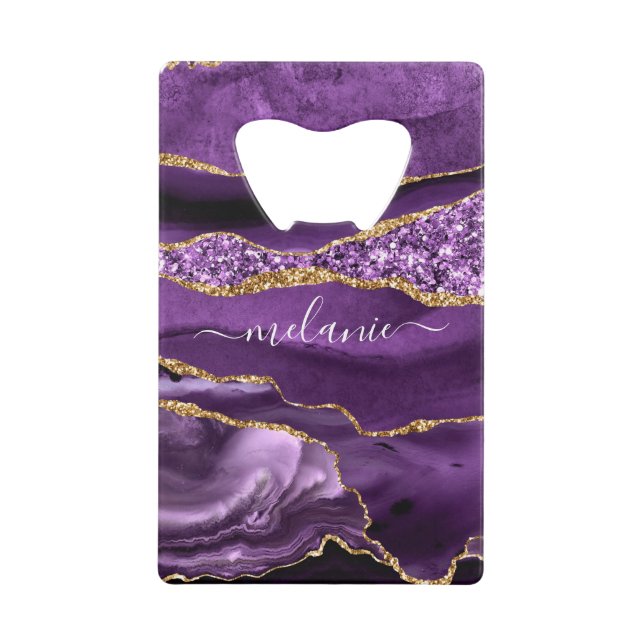 Purple Gold Glitter Custom Name Bottle Opener Credit Card Bottle Opener (Front)