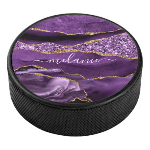 Purple Gold Glitter Custom Name Hockey Puck