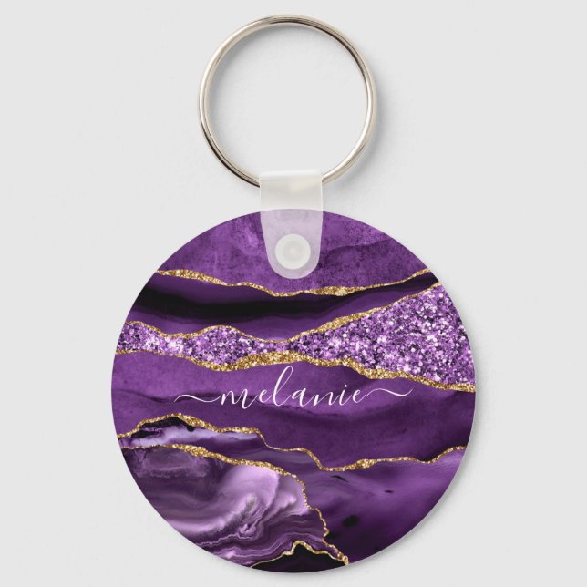 Purple Gold Glitter Custom Name Keychain (Front)