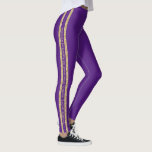 Purple Gold Glitter Custom Text Athletic Stripe Leggings<br><div class="desc">Purple personalized leggings with a double athletic stripe in gold glitter with custom text in the middle that can be different on each side. Perfect for displaying your favourite quote, verse, inspirational mantra, team name, mascot motto, or add your name on repeat down the side of each leg! Legging colour...</div>