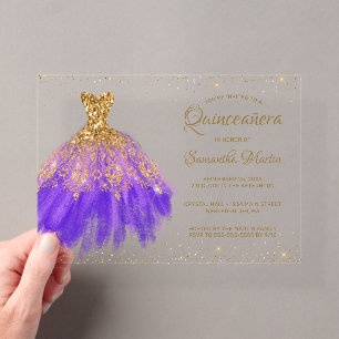 Purple Gold Glitter Dress Script Quinceañera Party Acrylic Invitations