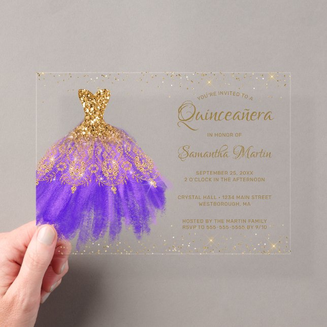 Purple Gold Glitter Dress Script Quinceañera Party Acrylic Invitations (Insitu (Handheld))