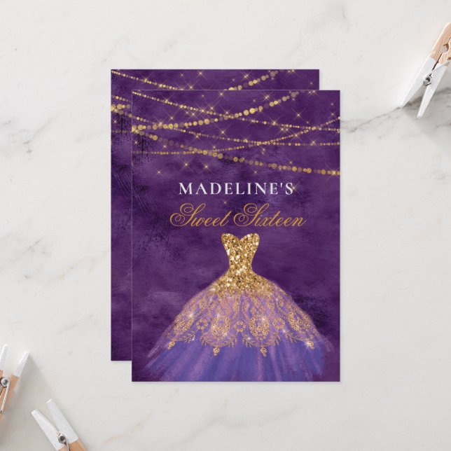 Purple/Gold Glitter Dress Sweet 16 Invitation | Zazzle