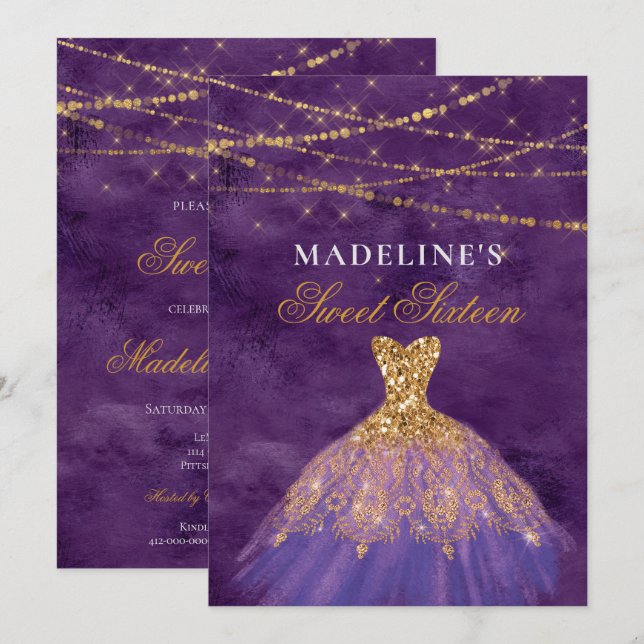 Purple/Gold Glitter Dress Sweet 16 Invitation (Front/Back)