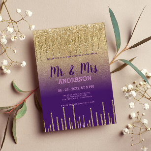 Purple gold glitter drips script MR MRS wedding Invitation