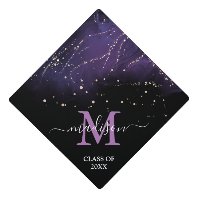 Purple gold glitter elegant chic typography  graduation cap topper (Front)