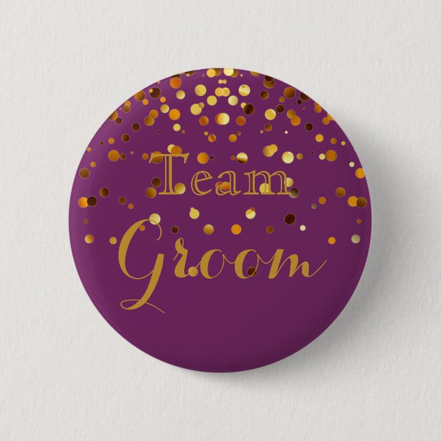 Purple Gold Glitter Faux Foil Wedding Team Groom 2 Inch Round Button (Front)