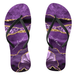 Purple Gold Glitter Flip Flops with Custom Name