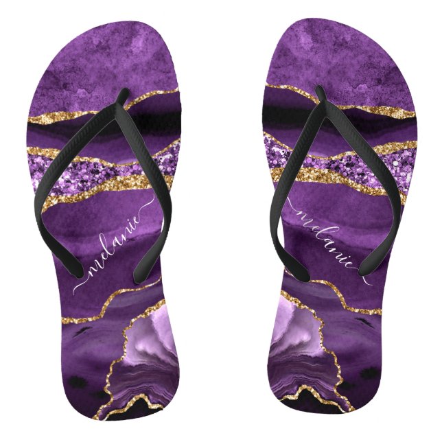 Purple Gold Glitter Flip Flops with Custom Name (Footbed)