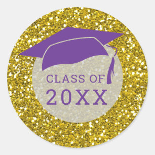 Purple Gold Glitter Graduation Hat Class Of 2022 Classic Round Sticker